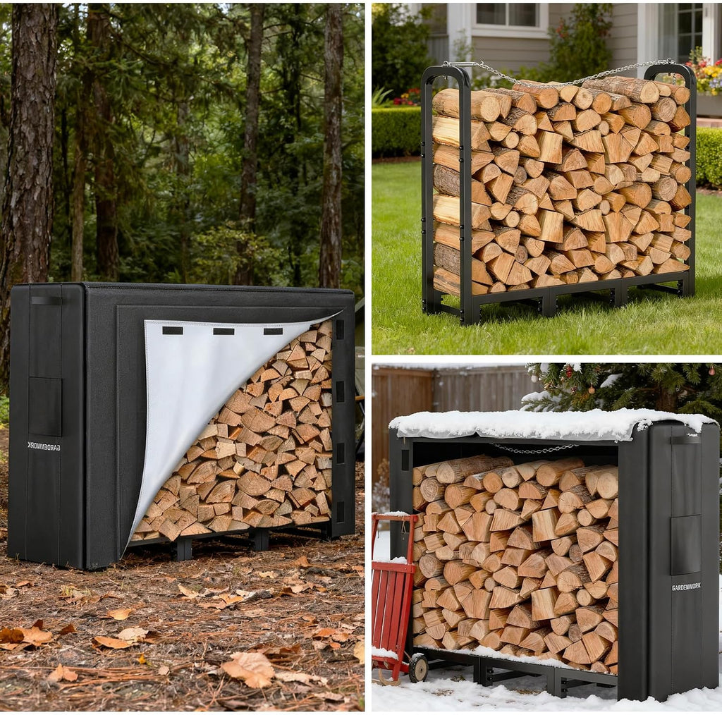 GARDENWORK 4FT Adjustable Firewood Rack Outdoor with Cover,Metal Wood Rack