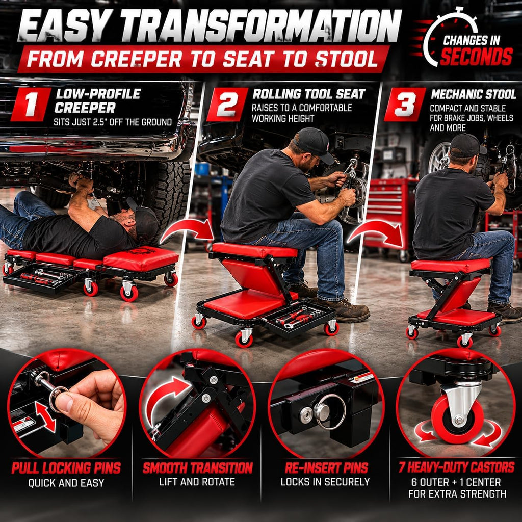 40" Mechanics Creeper Z Fold with Side Tool Tray, 3 in 1 Low Profile