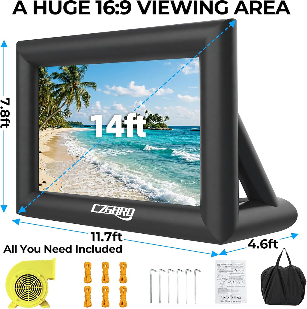 CZGBRO Inflatable Projector Screen, 14FT Outdoor Blow Up Movie Screen with Air Blower, Front & Rear Projection 16:9 One Piece Design, Inflatable