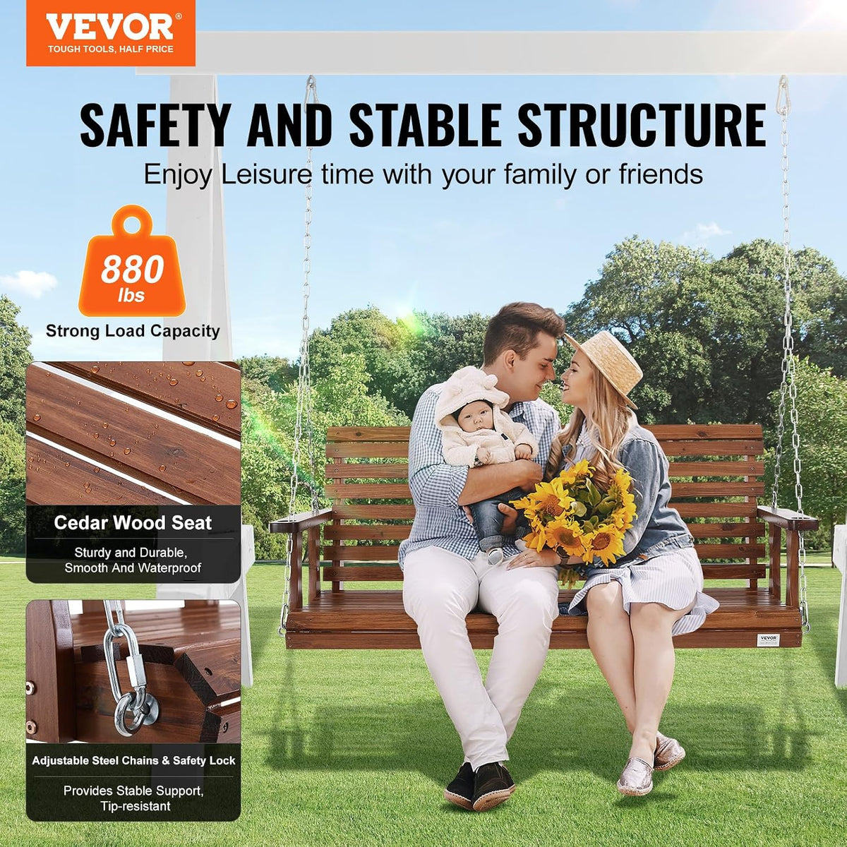 VEVOR Wooden Porch Swing 5 ft, Patio Bench Swing for Courtyard & Garden, Upgraded 880 lbs Strong Load Capacity, Heavy Duty Swing Chair Bench with