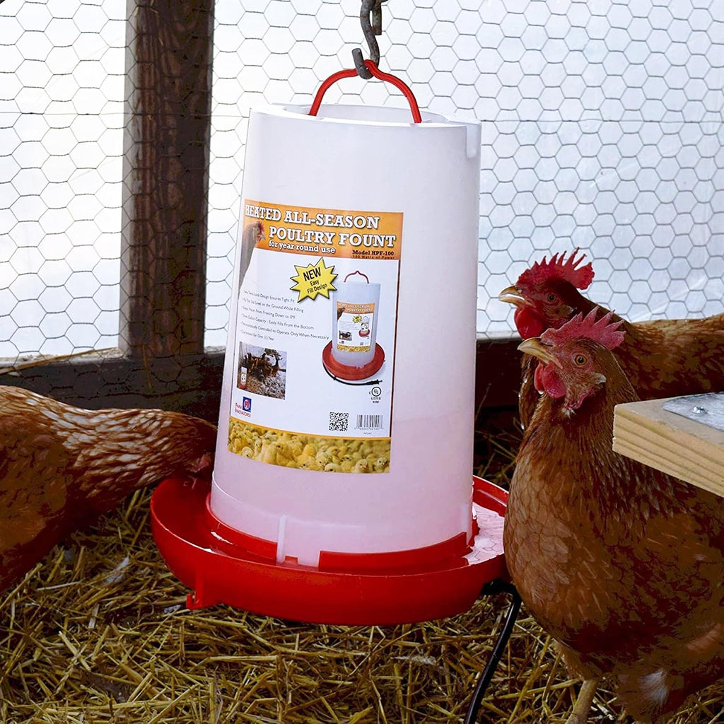 Farm Innovators Thermostatically Controlled Heated 3 Gallon Plastic Outdoor Year Round Hanging Water Fountain for Poultry Watering, Red