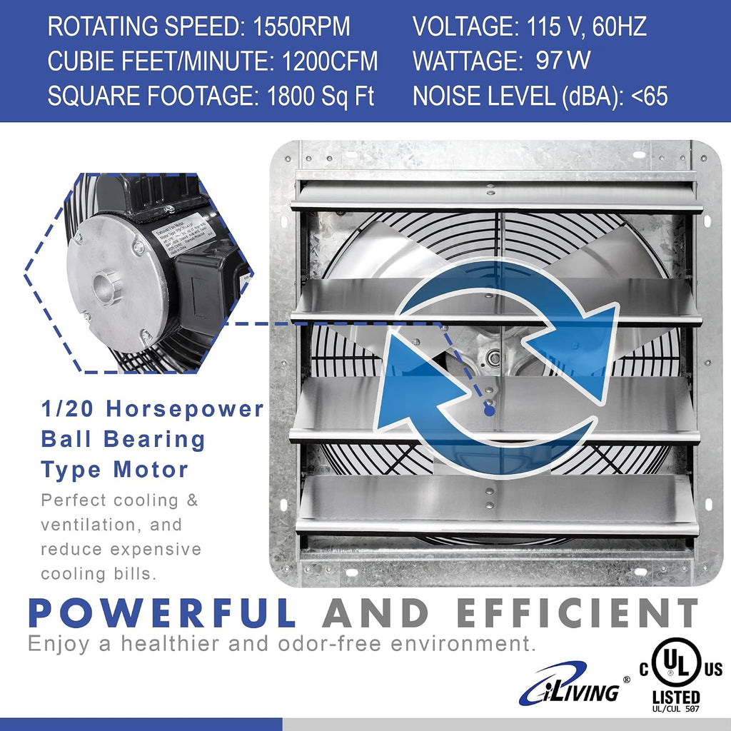 iLIVING 16" Wall Mounted Shutter Exhaust Fan, Automatic Shutter, with Thermostat and Variable Speed controller, 0.85A, 1200 CFM, 1800 SQF Coverage