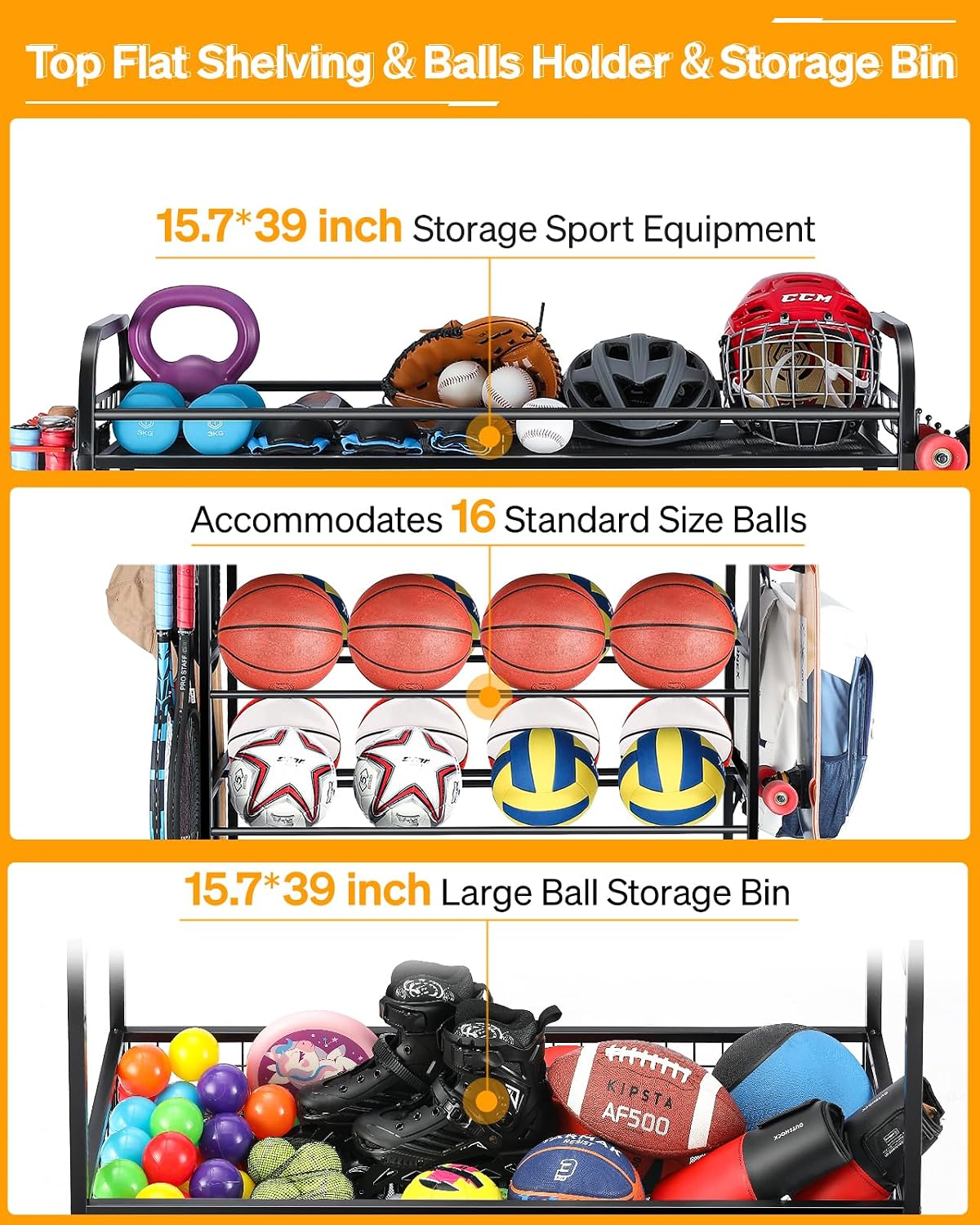 Garage Sports Equipment Organizer - Rolling Ball Storage with Wheels