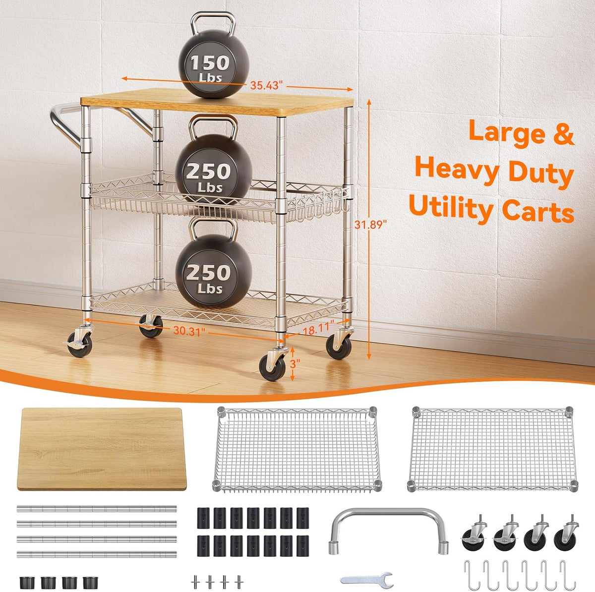 3 Tier Rolling Kitchen Carts on Wheels with Storage,650Lbs Heavy Duty Utility Carts with Wheels,Kitchen Island with Wood Tabletop,Metal Serving