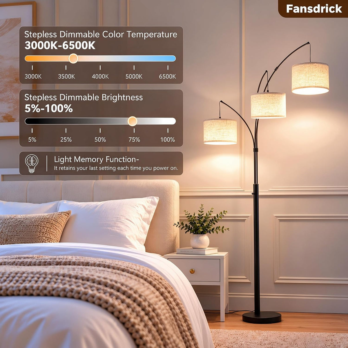 3 Light Arc Floor Lamp with Remote, Beige Shade Black Pole
