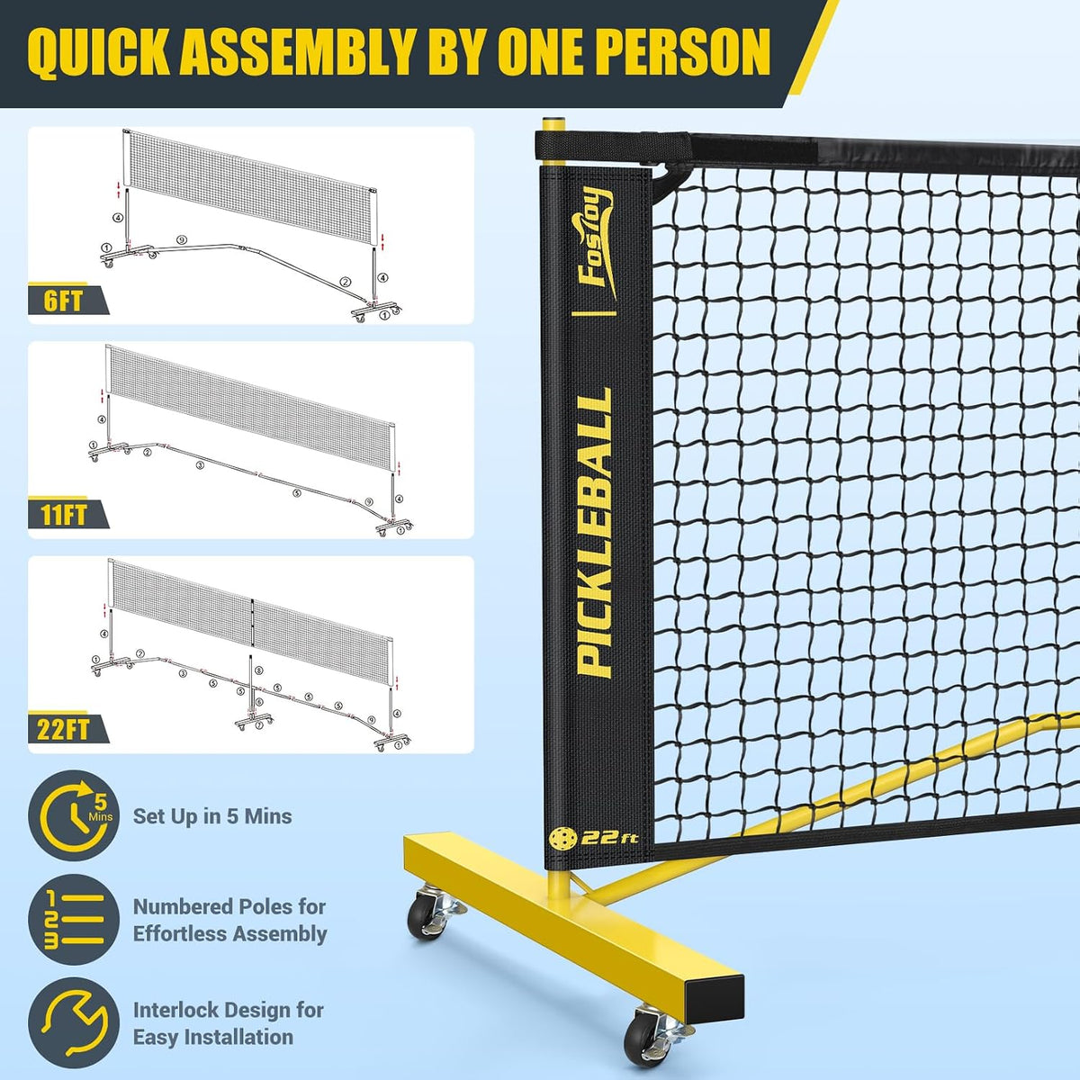Pickleball Set Net with 4 Paddles Pickleballs, 6FT/11FT/22FT