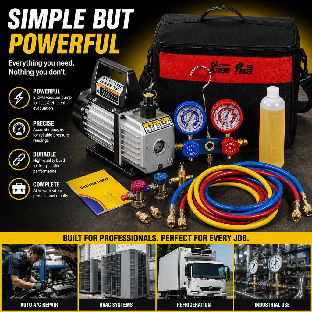 XtremepowerUS 3CFM 1/4HP Vacuum Pump HVAC R134a, R12, R22, R410a, A/C Refrigeration R134 Can Tap Adapter, R134 Quick Connector AC Manifold Gauge Air