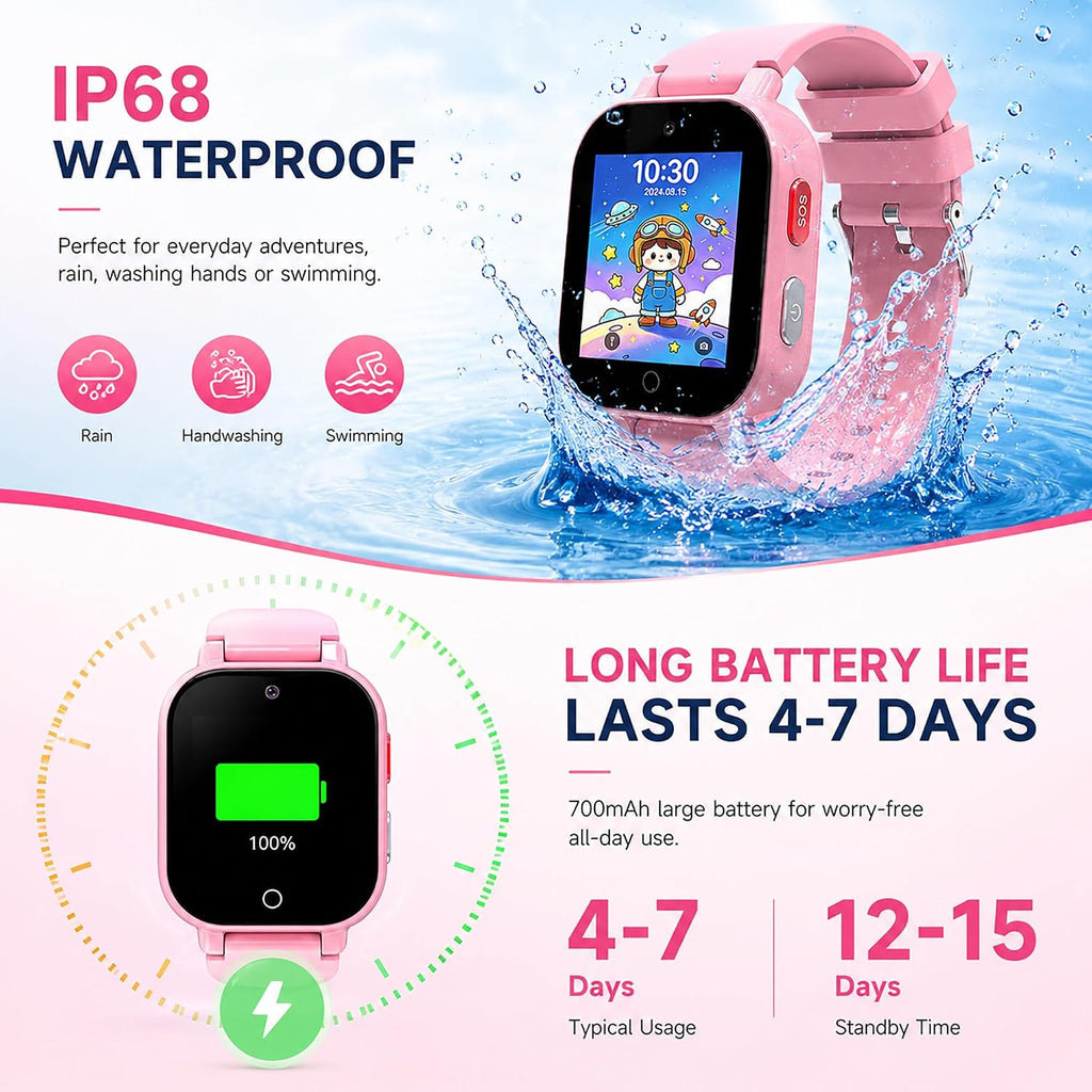 4G Kids Smart Watch with GPS Tracker, Video & Voice Call, SOS, WiFi, IP68 Waterproof, AI Smart Features, Parental Control Phone Watch for Boys Girls