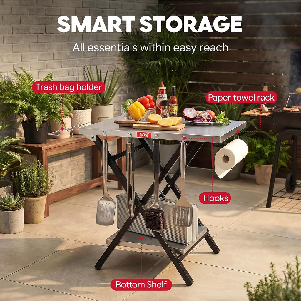 Feasto Outdoor Grill Table, Folding Prep Table, 30" x 24", Stainless Steel