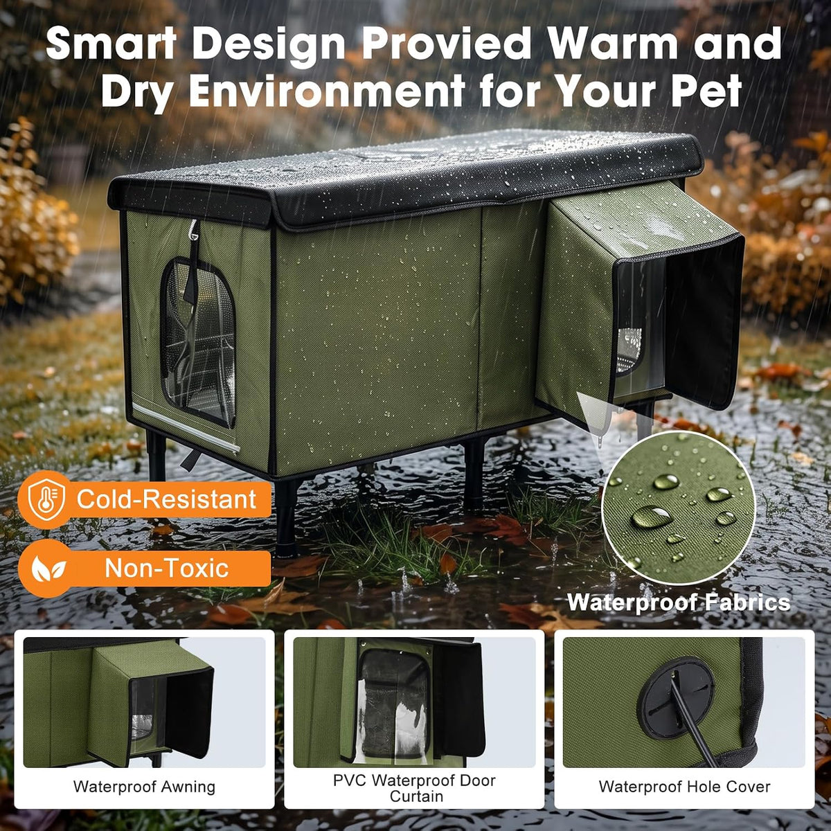 Heated Cat House for Outside, Insulated Large Elevated Waterproof Feral Cat Shelter with Heated Pad, Safe Escape Door All-Round Insulated Cotton and
