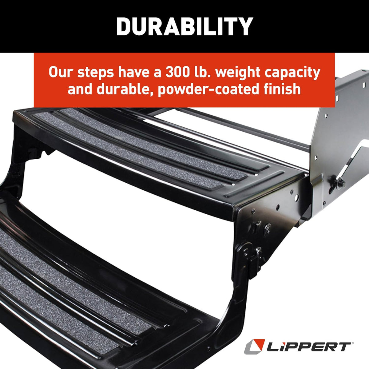 Lippert Radius 24" Double Manual RV Step Assembly, 8" Rise, 300 lbs. Anti-Slip Steps, Compact One-Hand Expand or Collapse, Black Powder Coat, Travel