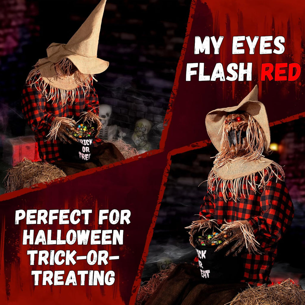 Halloween Animatronics Decorations Scary Sitting Scarecrow with Candy Bag, 55'' Animated Jumpscare Halloween Props with Sound & Motion Activated