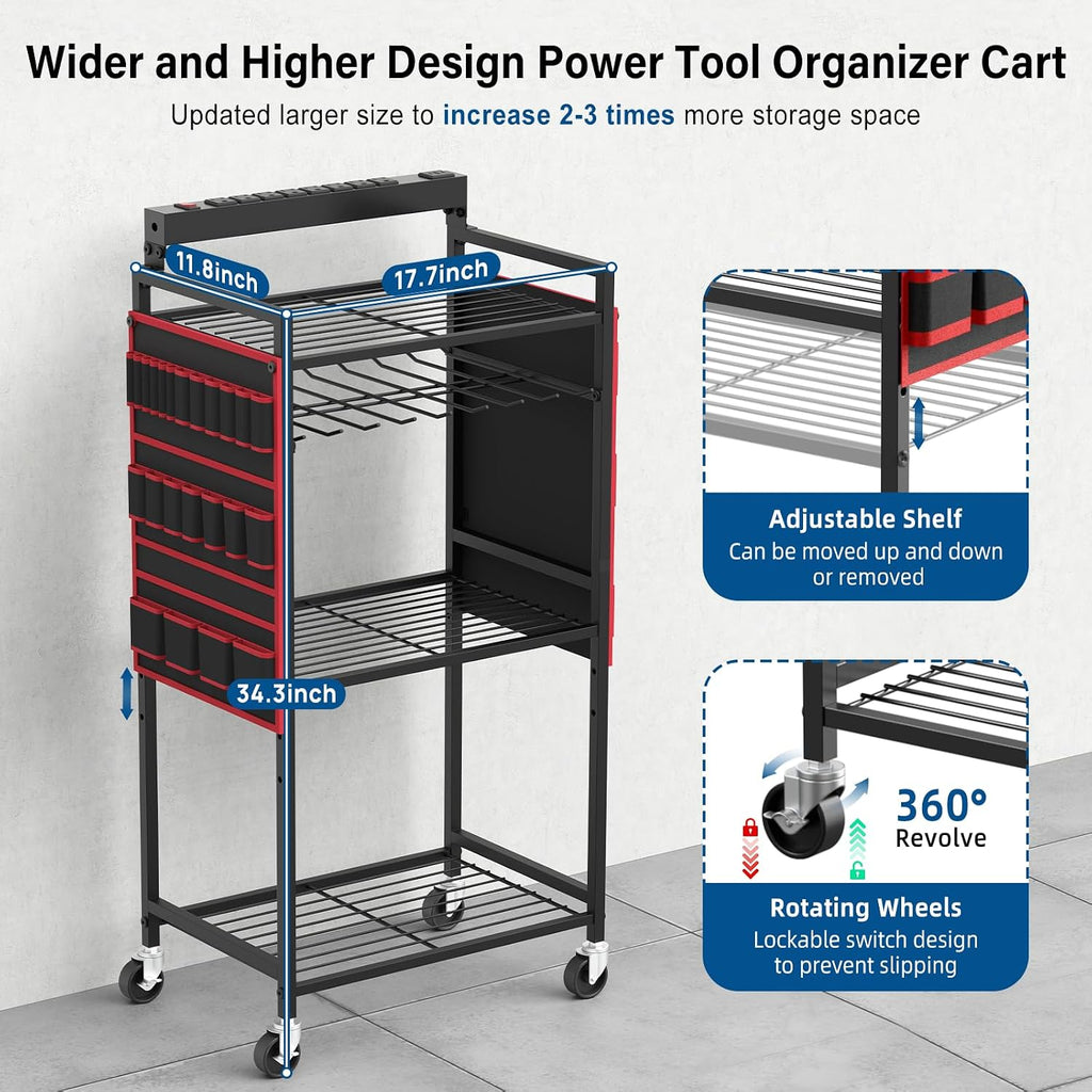 Power Tool Charging Organizer Cart, 8 Outlet 3 USB, 6 FT Cord, Red