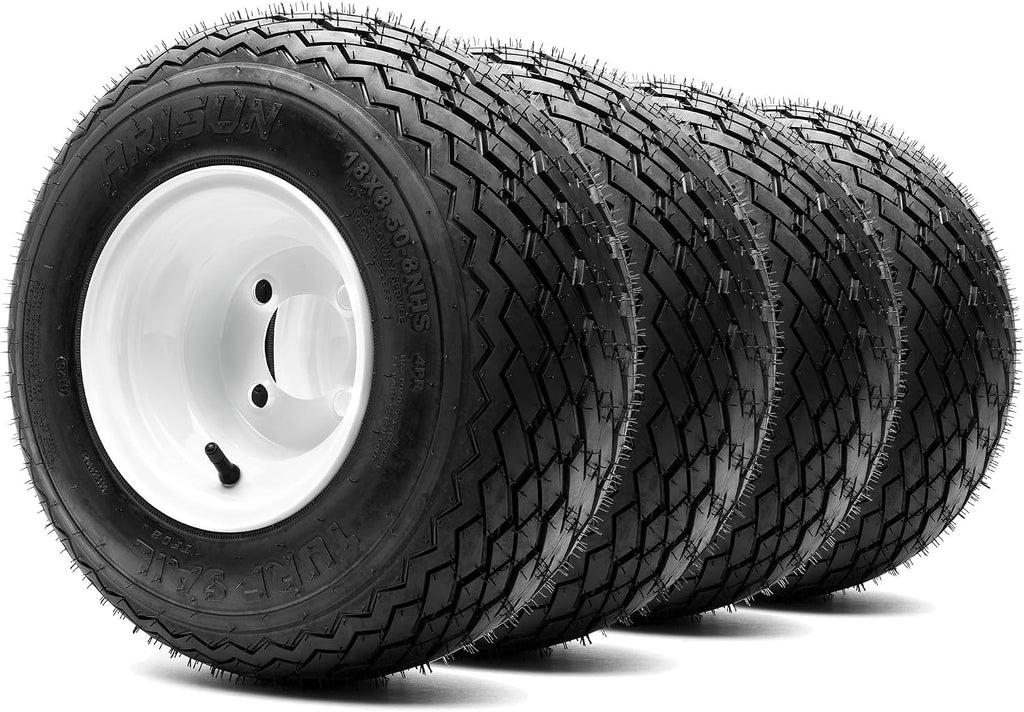 8" Steel Golf Cart Wheels Glossy White and Arisun Turf Sail (18/8.5-8) Golf Cart Tires - Set of Four