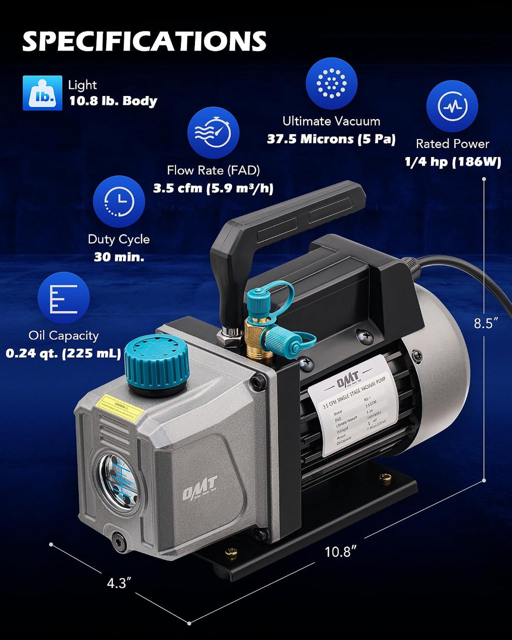 OMT 3.5 CFM Single Stage Vacuum Pump for R134a R410a R22 Auto AC HVAC Kit