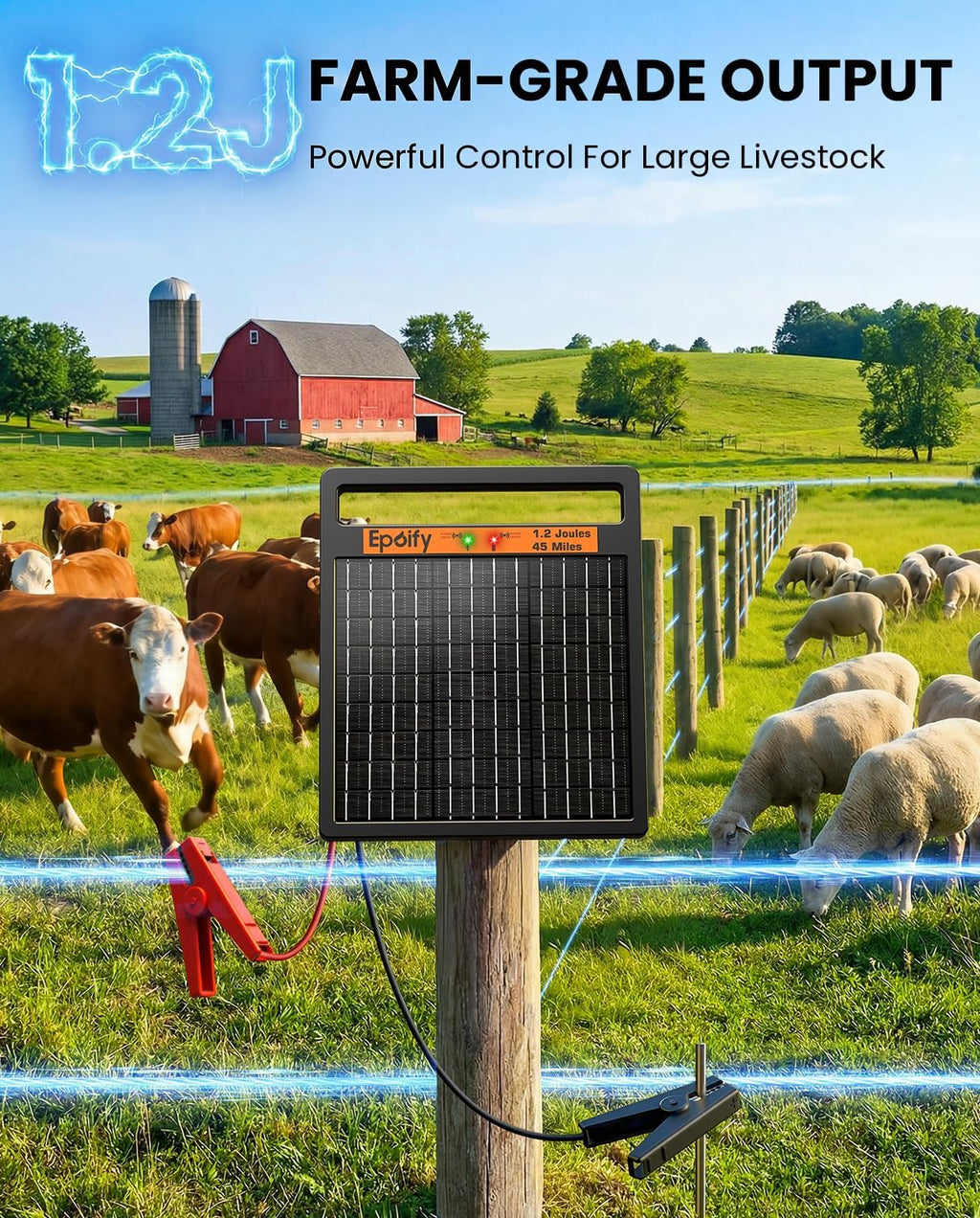 Solar Electric Fence Charger, 1.2J 45 Mile with Short Circuit Alarm