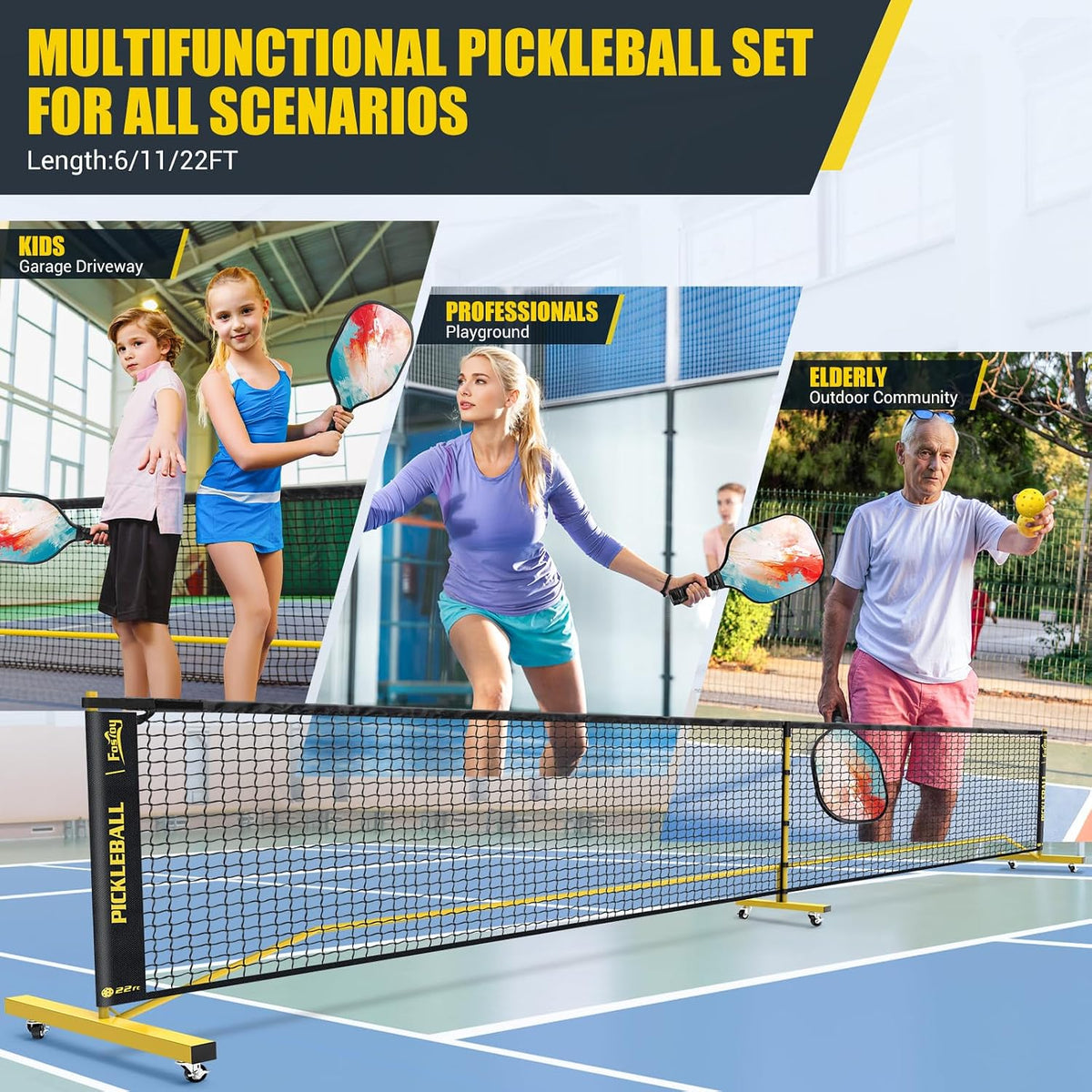Pickleball Set Net with 4 Paddles Pickleballs, 6FT/11FT/22FT