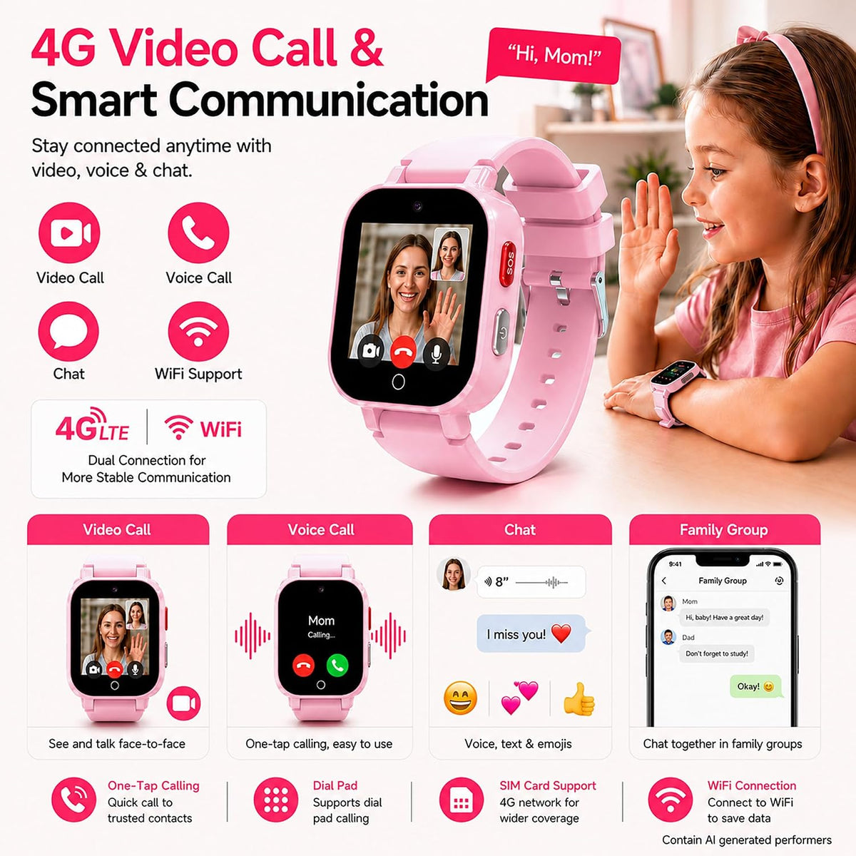 4G Kids Smart Watch with GPS Tracker, Video & Voice Call, SOS, WiFi, IP68 Waterproof, AI Smart Features, Parental Control Phone Watch for Boys Girls