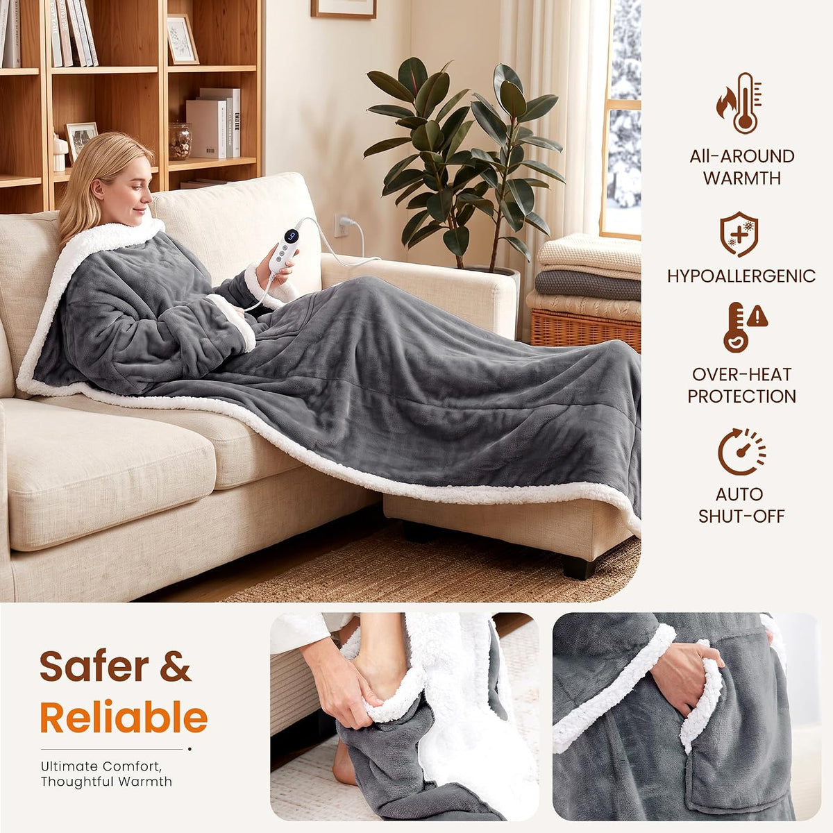 Electric Flannel Wearable Heated Throw Blanket with Foot Pocket & Sleeves, 9 Heating Levels, 2/4/6/8H Auto Off Timer, 52 x 72, Machine Washable