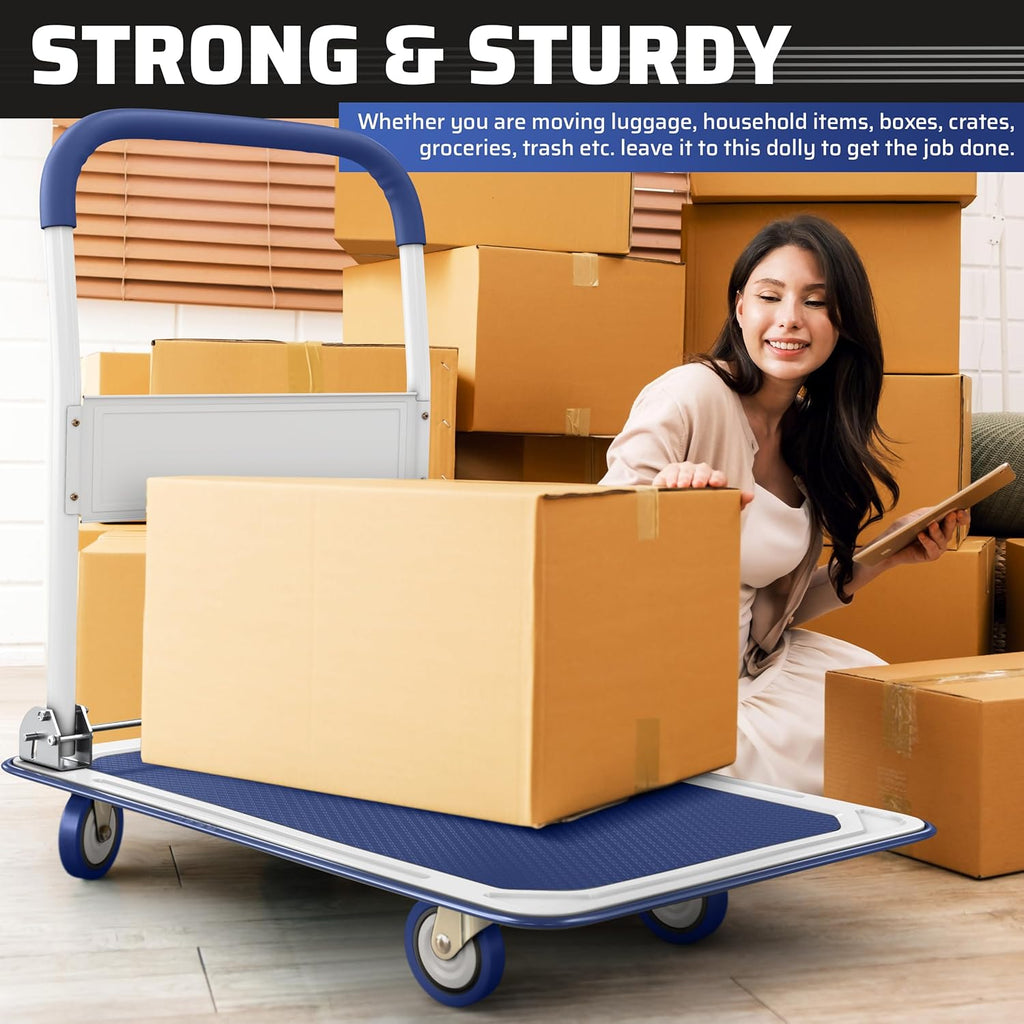 Heavy Duty Foldable Push Cart Dolly | 660 lbs. Capacity | Upgraded Collapsible Hand Truck Folding Platform with Swivel Wheels | Flat Bed Moving Wagon
