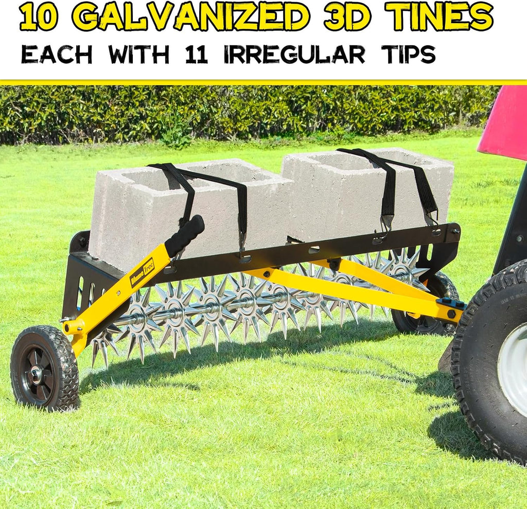 40-Inch Tow Behind Spike Aerator, Pull Behind Lawn Aerator with 10 Galvanized Steel Tines for Aerating Lawns, Soil Penetrator Spikes Tractor with