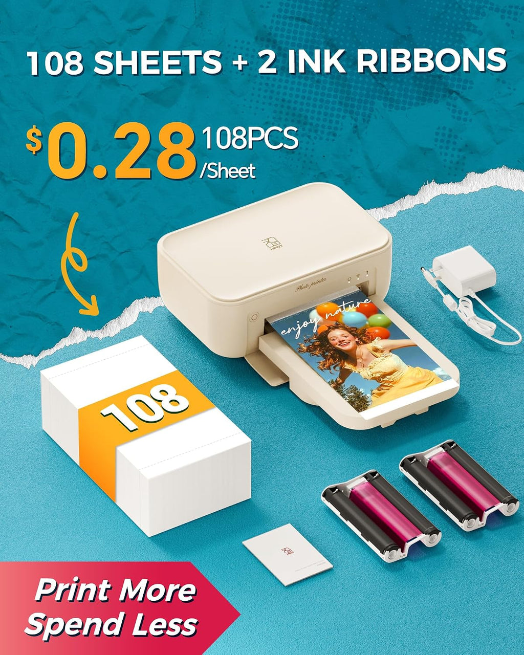 HPRT Photo Printer 4x6 with 108 Sheets Photo Paper & 2 Ribbons
