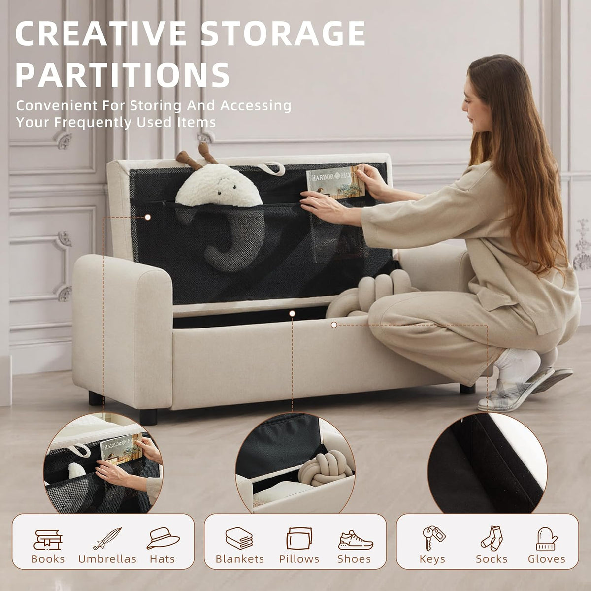 48" Ottoman with Storage, Tufted Storage Ottoman Bench, Convenient Living Room Fabrics Bench Seat, Entryway Shoe Benches with Inner Zipper & Arm