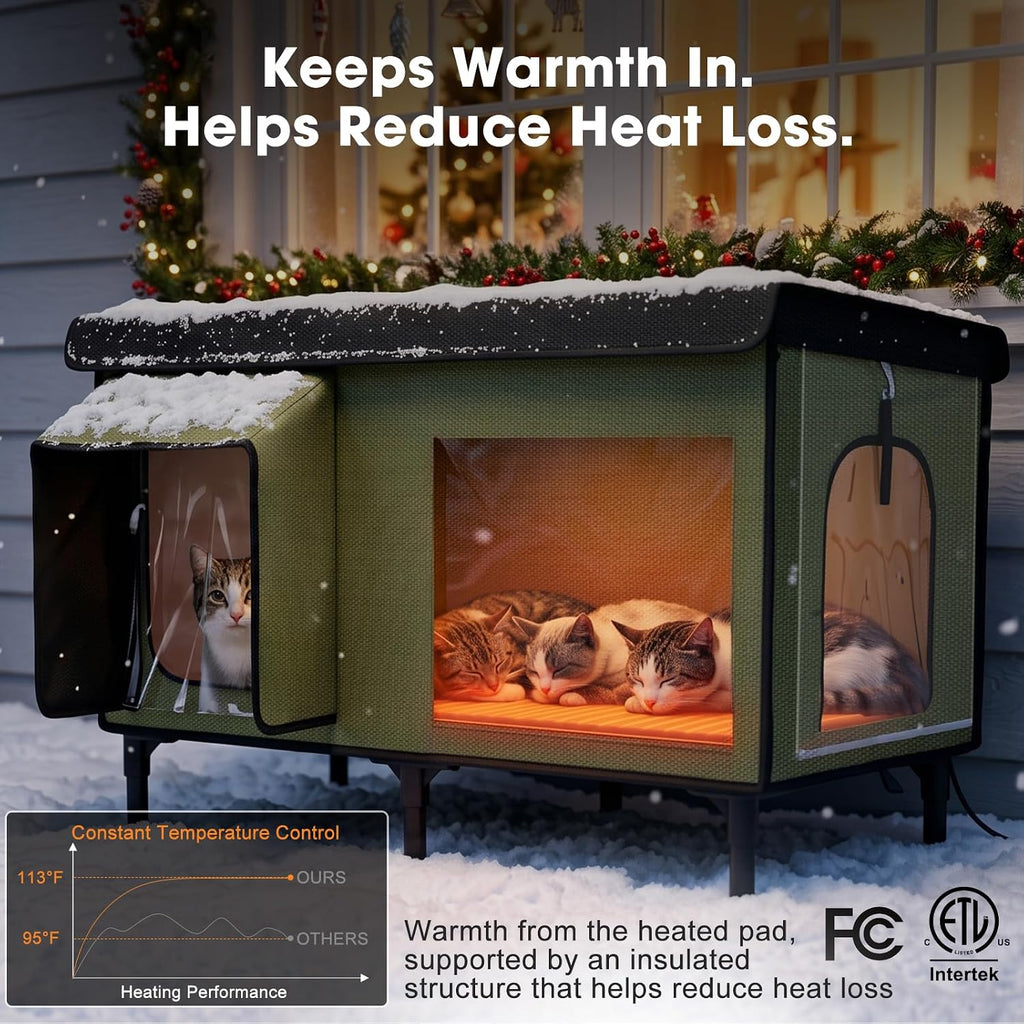 Heated Cat House for Outside, Insulated Large Elevated Waterproof Feral Cat Shelter with Heated Pad, Safe Escape Door All-Round Insulated Cotton and