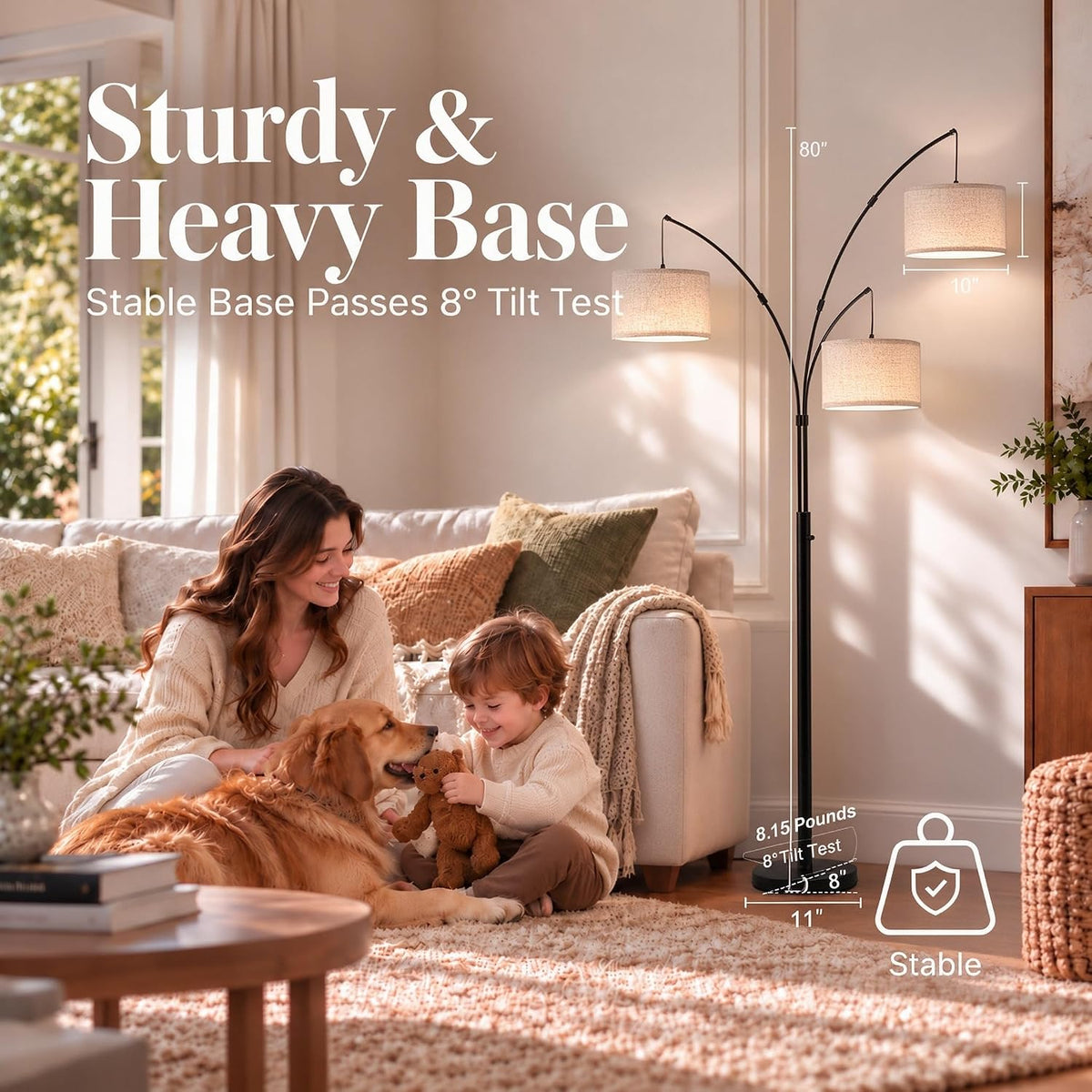 3 Light Arc Floor Lamp with Remote, Beige Shade Black Pole
