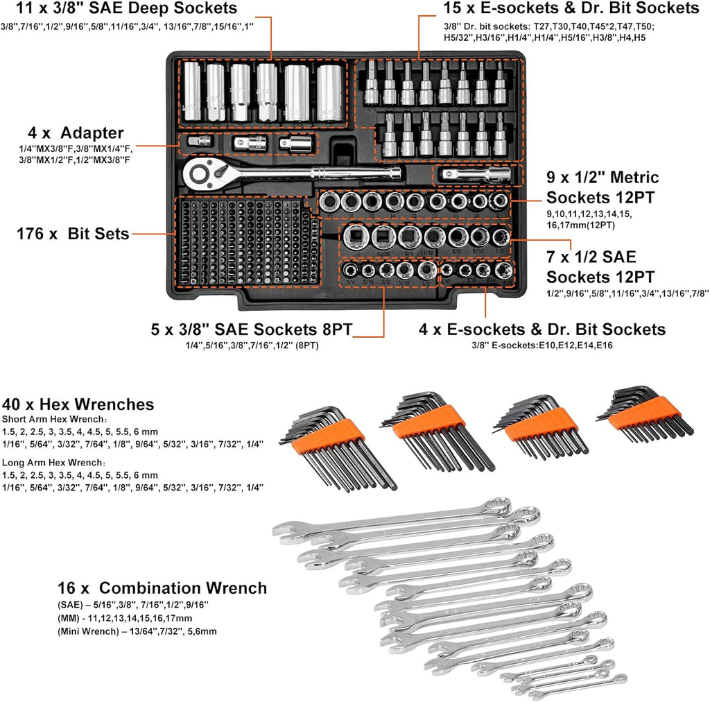 VEVOR Mechanics Tool Set and Socket Set, 1/4" 3/8" 1/2" Drive, 450 PCS