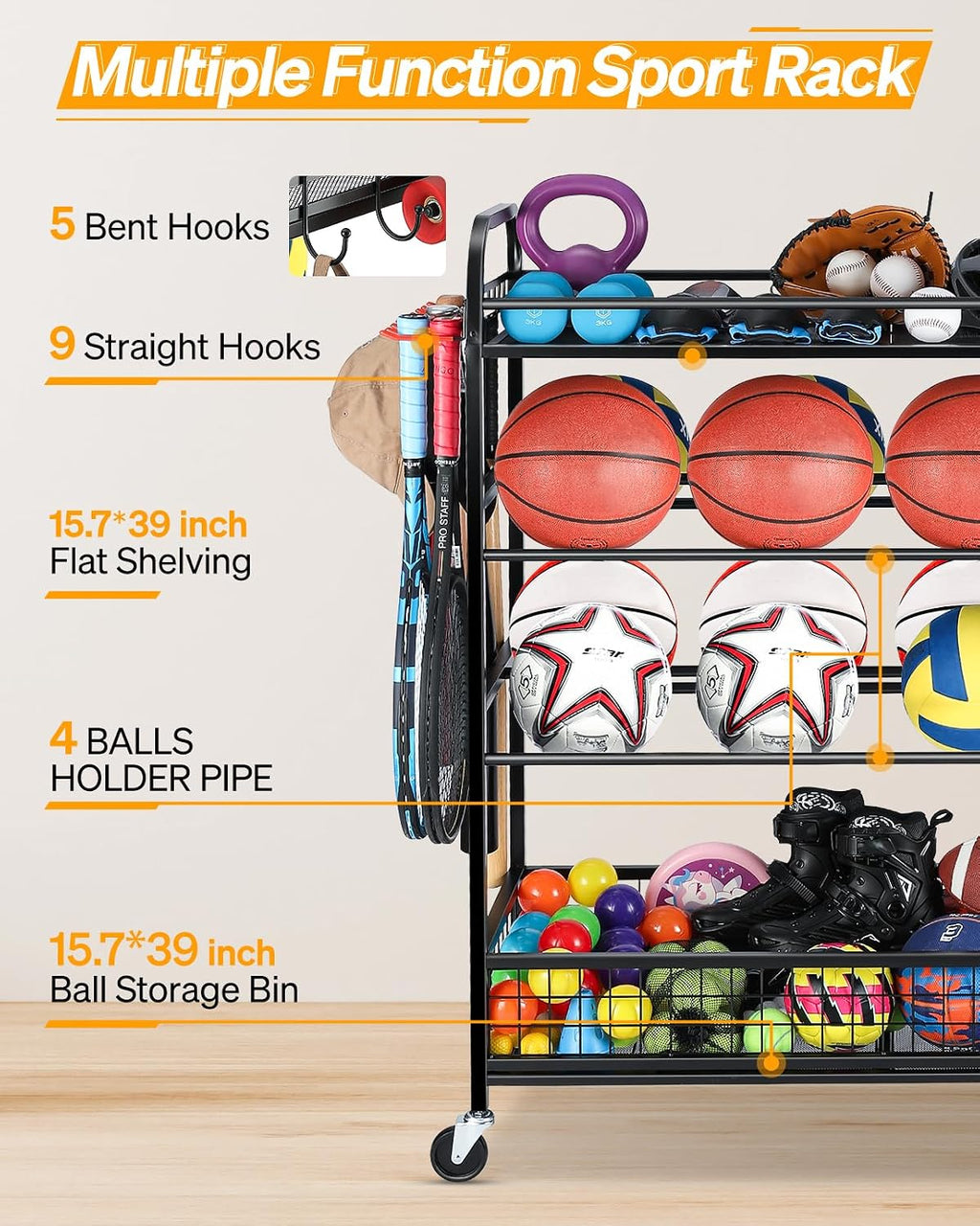 Garage Sports Equipment Organizer - Rolling Ball Storage with Wheels