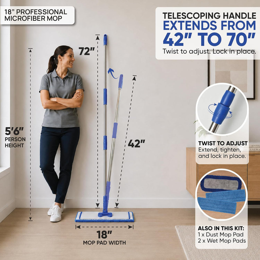 18” Pro Microfiber Hardwood Floor Mop - Cleans Floor in Seconds | Dust & Wet Mopping | Hardwood, Tile, Laminate & Vinyl with 3 Washable Pads, No