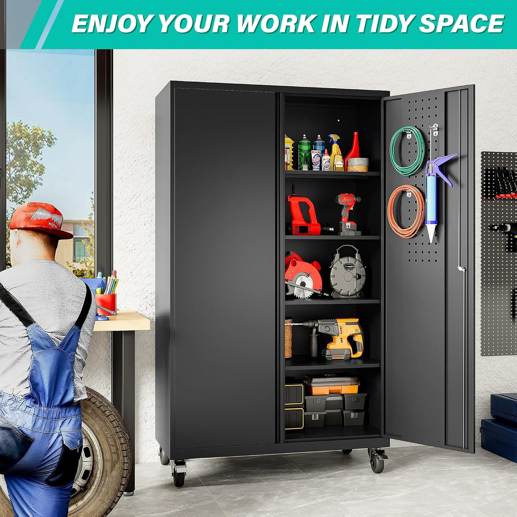 Wide & Deep Metal Storage Cabinet with Wheels,Tall Rolling Garage Storage Cabinet with Lock,Black Metal Cabinets with Shelves and Pegboards,Tool