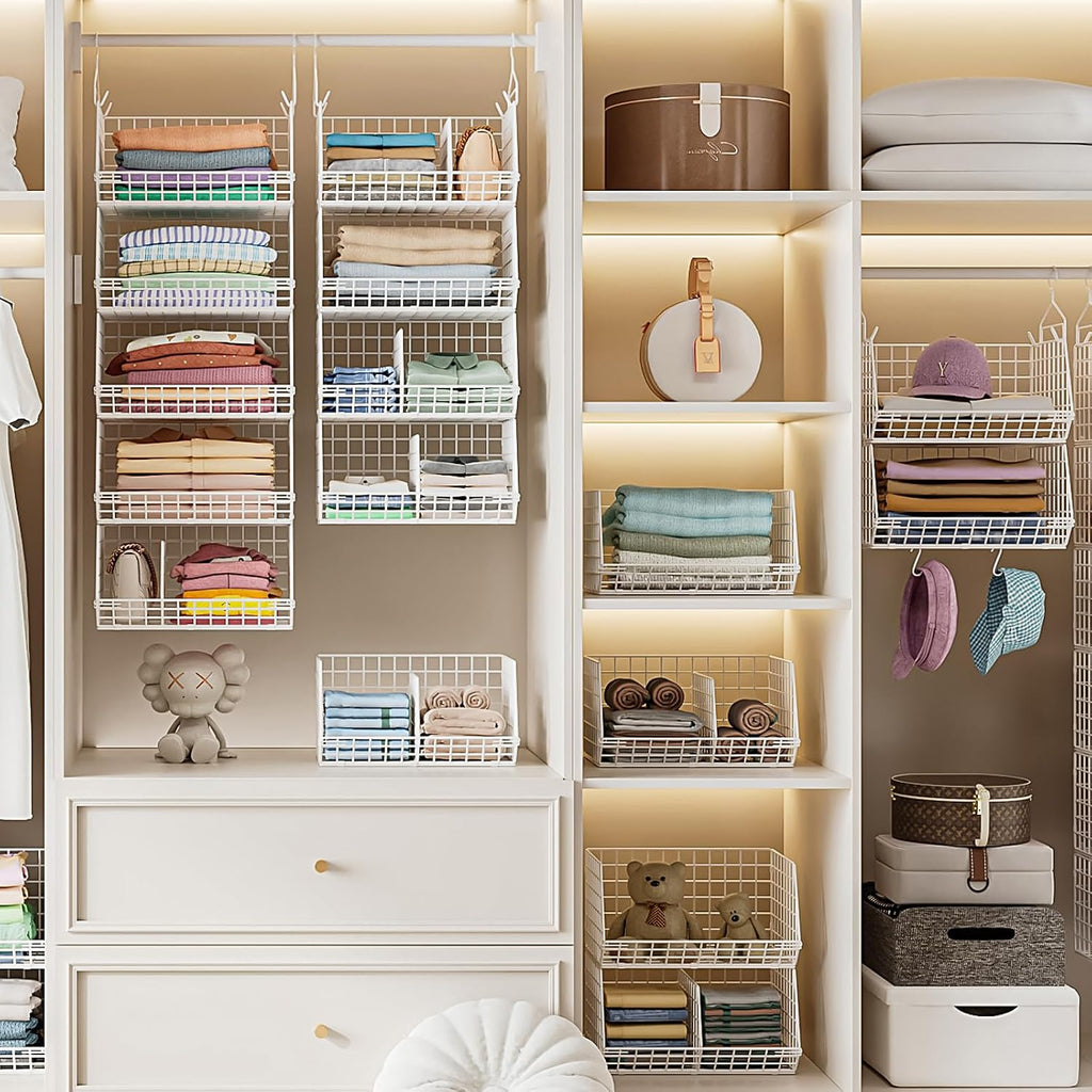 6 Tier Extra Large Hanging Closet Organizer, Closet Storage Hanging with Dividers, Wire Closet Shelf with 5 S Hooks 4 Dividers,Sweater Handbag Hat
