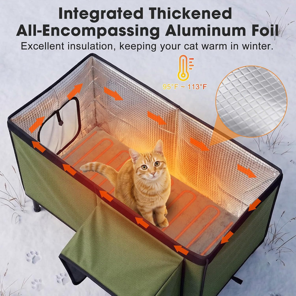 Heated Cat House for Outside, Insulated Large Elevated Waterproof Feral Cat Shelter with Heated Pad, Safe Escape Door All-Round Insulated Cotton and