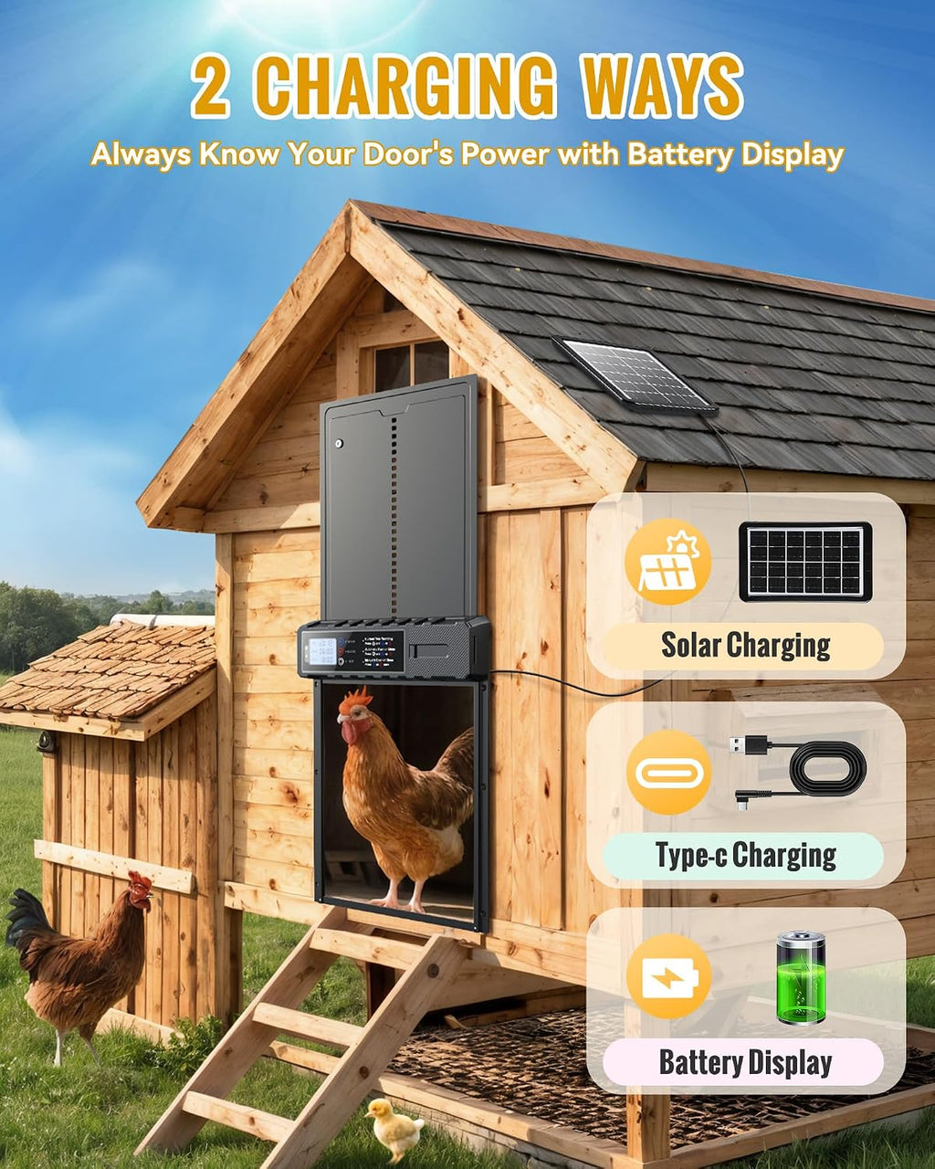 Automatic Chicken Coop Door Solar Powered XL Chicken Door 3 Modes