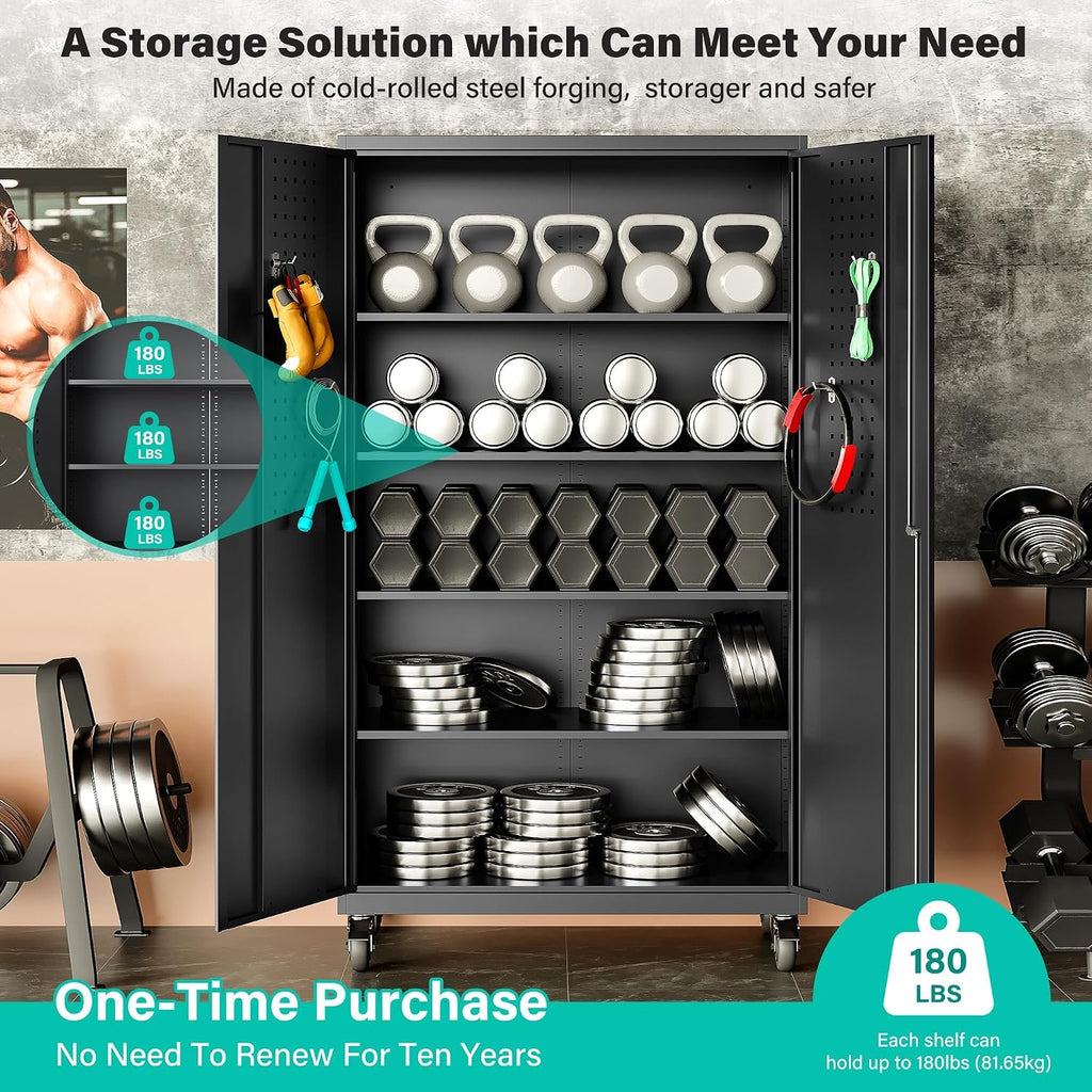 Wide & Deep Metal Storage Cabinet with Wheels,Tall Rolling Garage Storage Cabinet with Lock,Black Metal Cabinets with Shelves and Pegboards,Tool