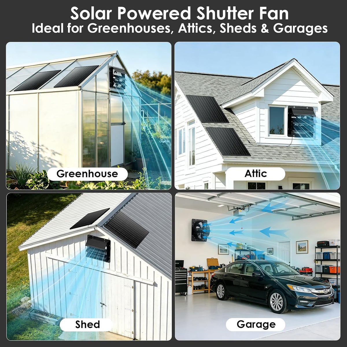 Solar Exhaust Fan with Battery & Dual Solar Panels for Greenhouse, Shed