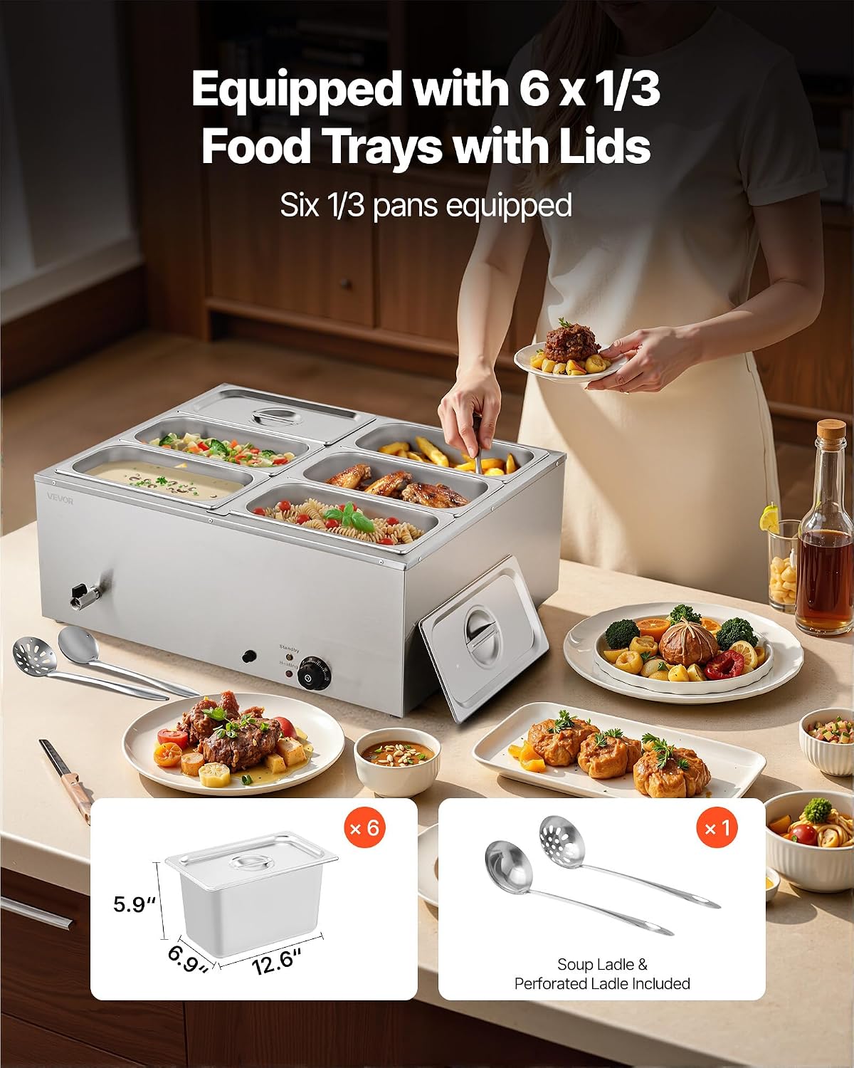 VEVOR 6-Pan Commercial Food Warmer 1500W Electric Steam Table 48QT 6x1/3Pan
