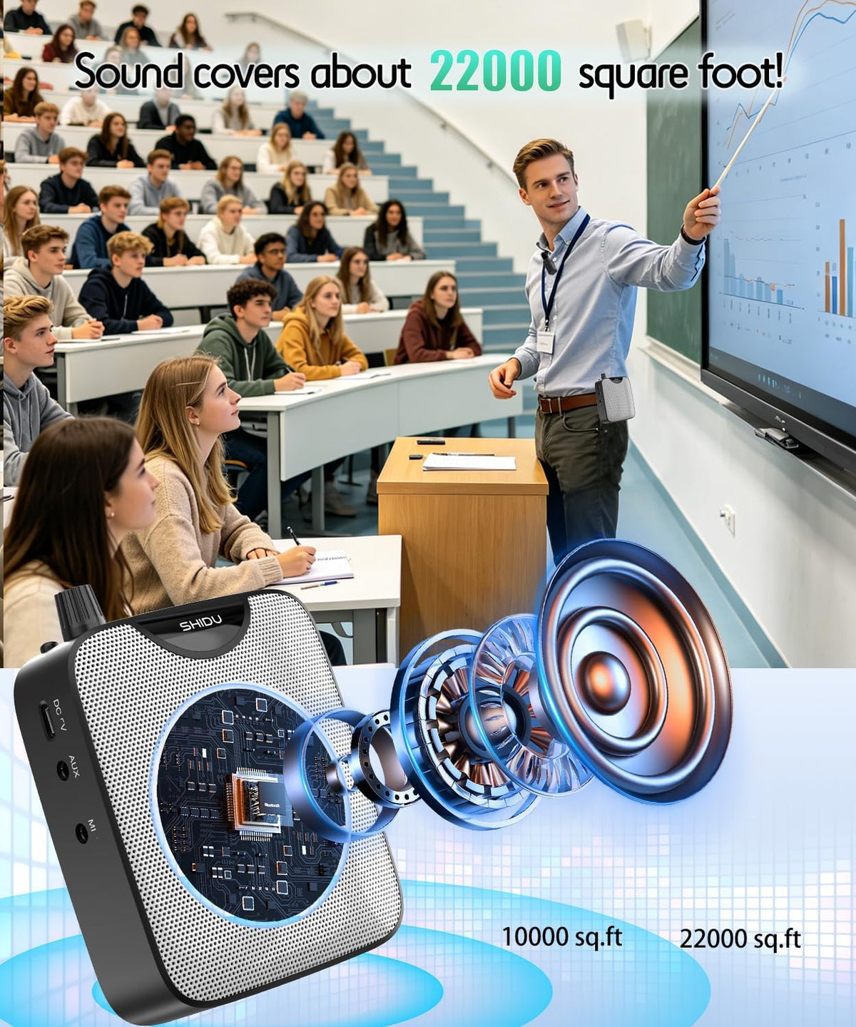 SHIDU 35W Voice Amplifier for Teachers Bluetooth Wireless Lavalier Mic