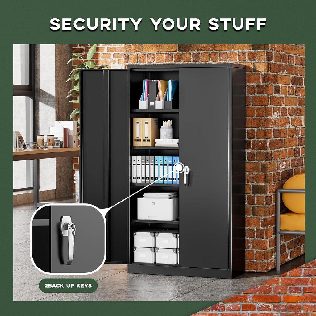 72" H Metal Storage Cabinet, 36" W x 18" D Black Locking Metal Garage Storage Cabinet with Doors and 4 Adjustable Shelves, Lockable Steel Cabinets