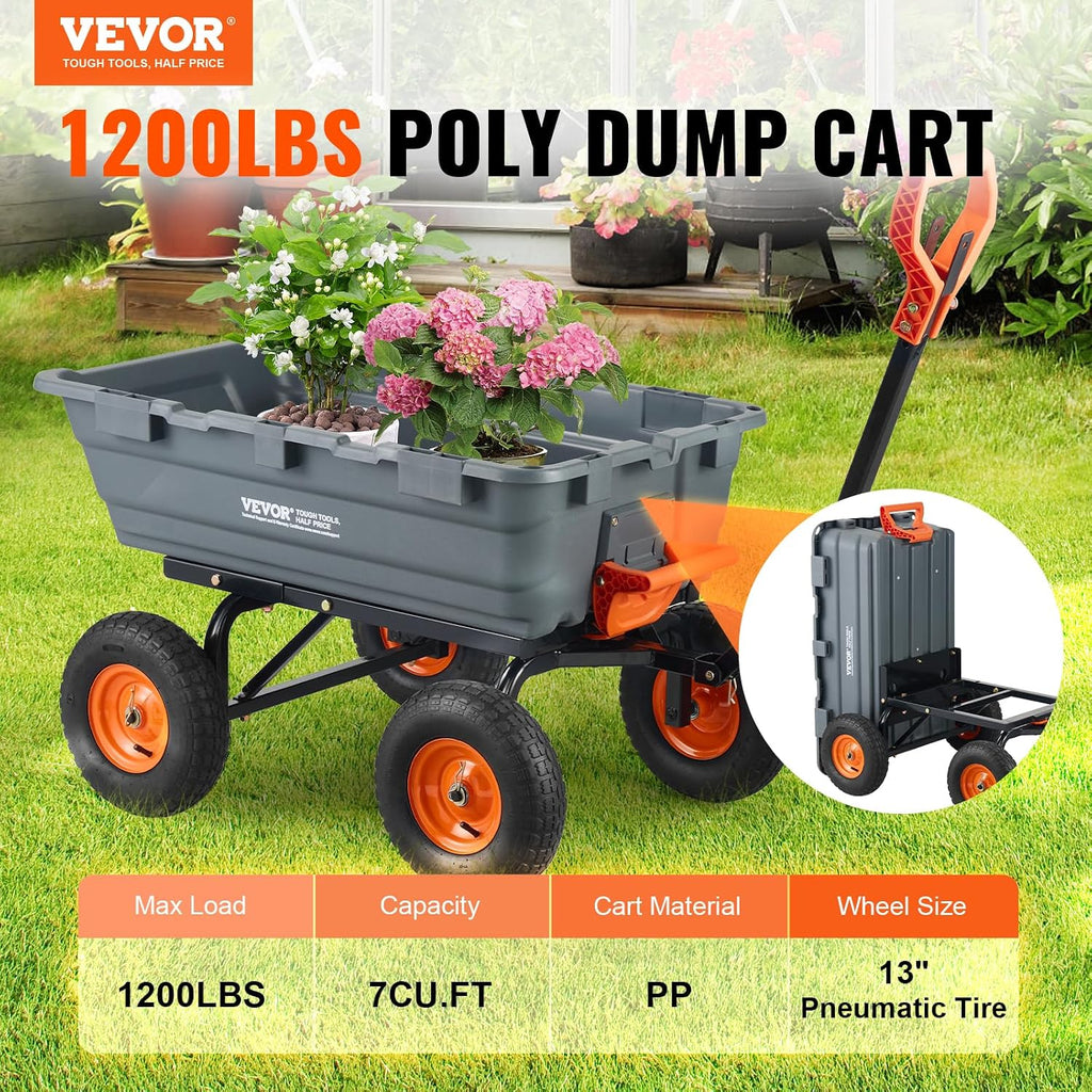 VEVOR Heavy Duty 1200lbs 7 Cu.Ft Wheelbarrow Garden Dump Cart Wagon