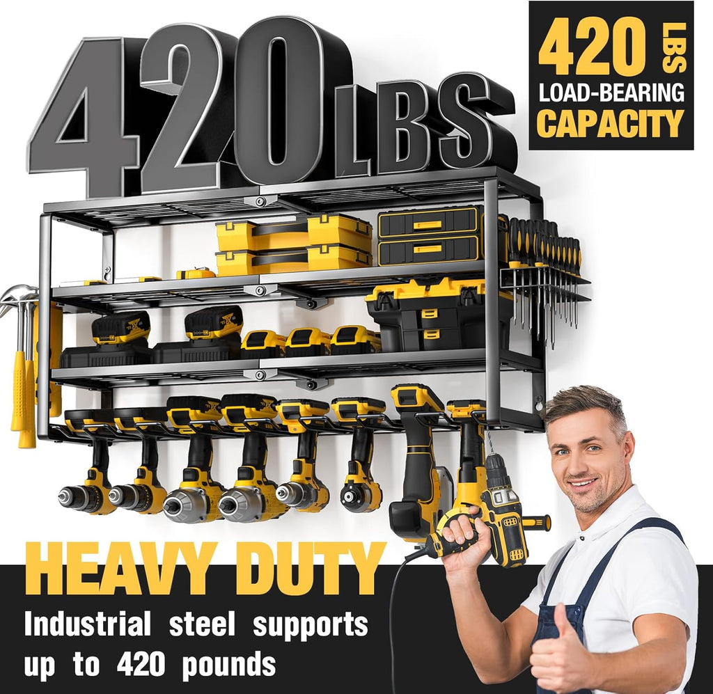 4 Layer Power Tool Organizer Wall Mount, Cordless Drill Hanger Storage Rack, Battery Tools Holder with Charging Station Shelf for Garage Organization