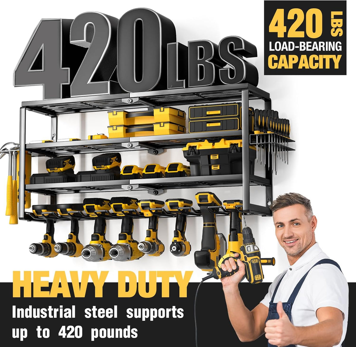 4 Layer Power Tool Organizer Wall Mount, Cordless Drill Hanger Storage Rack, Battery Tools Holder with Charging Station Shelf for Garage Organization