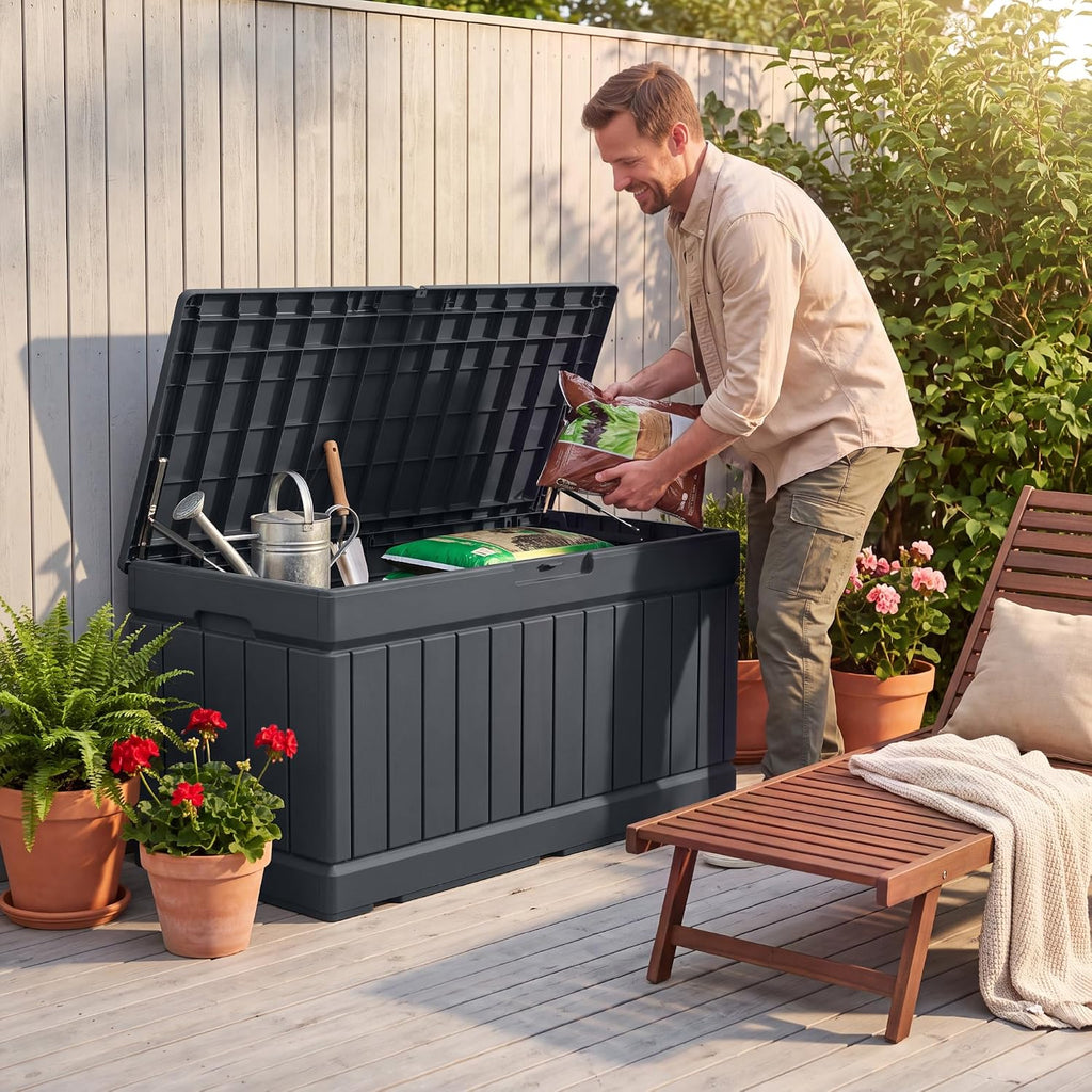 Greesum 82 Gallon Resin Deck Box, All Weather Outdoor Storage, Dark Gray