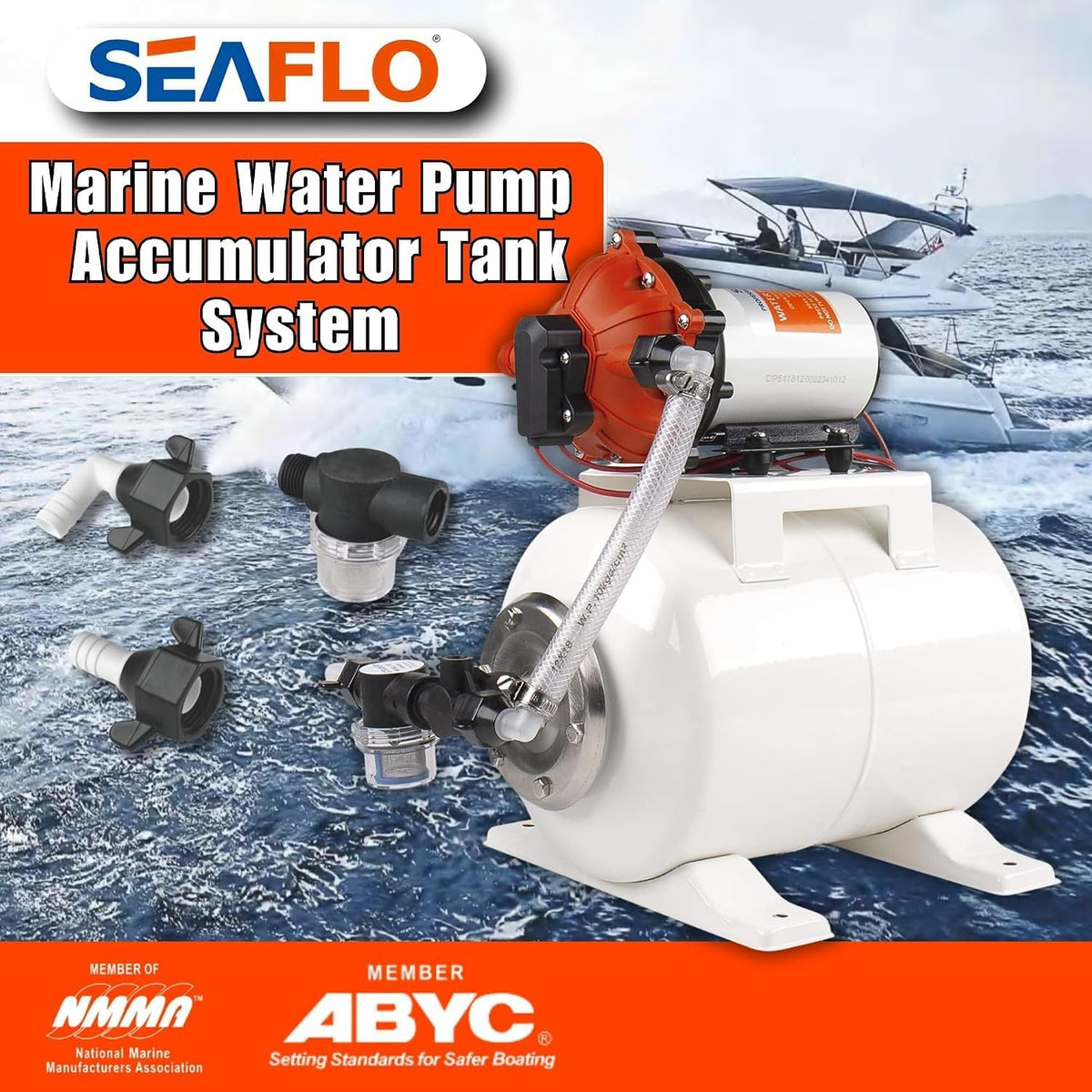 SEAFLO 55 Series rv water pump Pump System with 2 Gallon Accumulator Tank, 12V DC, 60 PSI, 5.5 GPM Self Priming, Smart Pressure Switch NSF, CE & Rohs