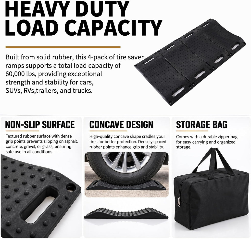 Tire Saver Ramps, 4-Pack Rubber Tire Cradles, Flat Spot Protectors