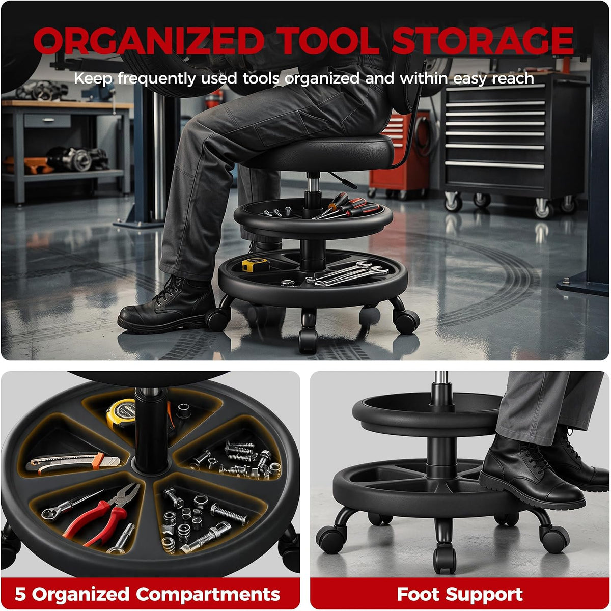 Upgrade Rolling Shop Stool with Wheels for Garage, Adjustable Height Heavy Duty Garage Stool with Double Storage Tray, Mechanic Stool Chair with