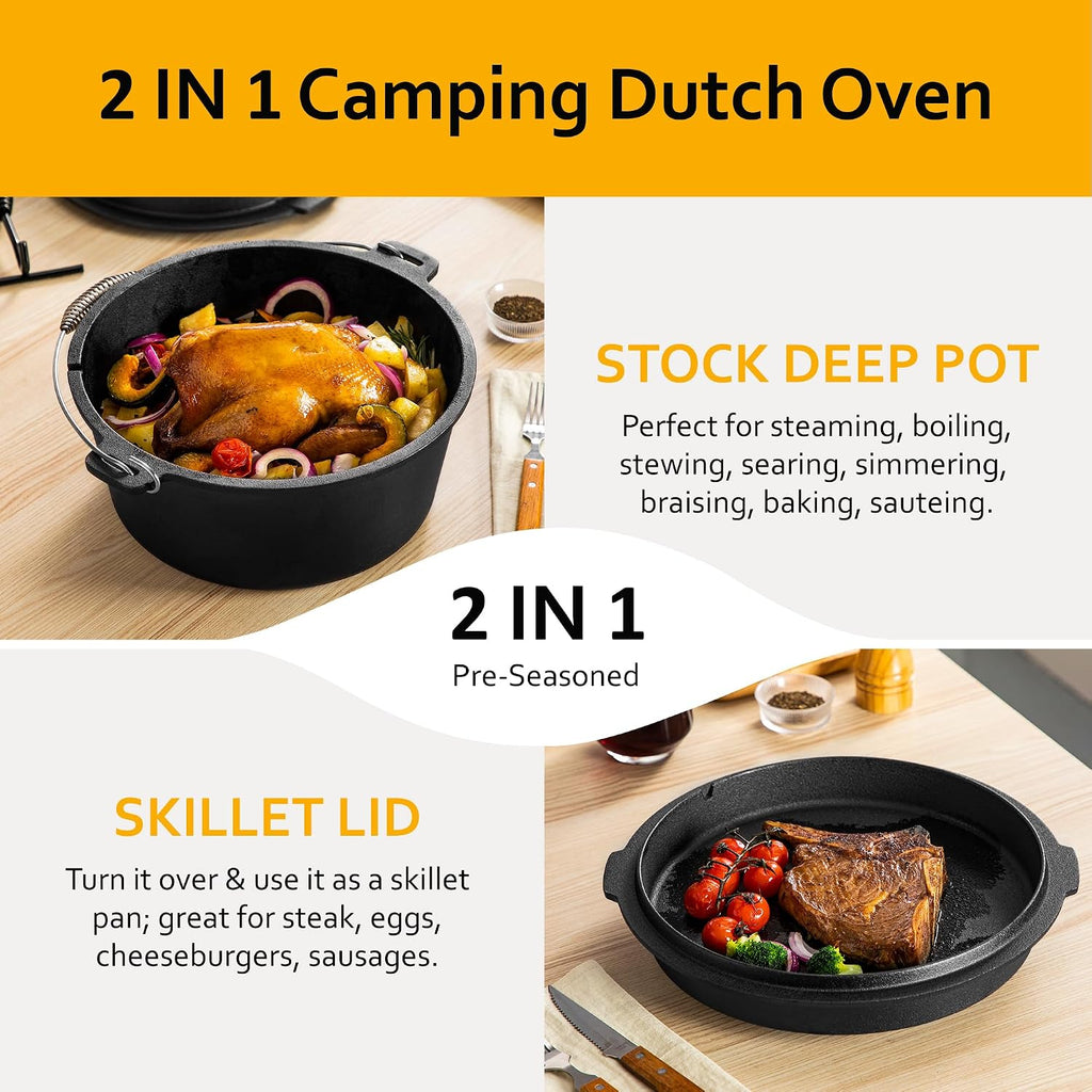 10 QT Pre-Seasoned Cast Iron Camping Dutch Oven Pot with Lid
