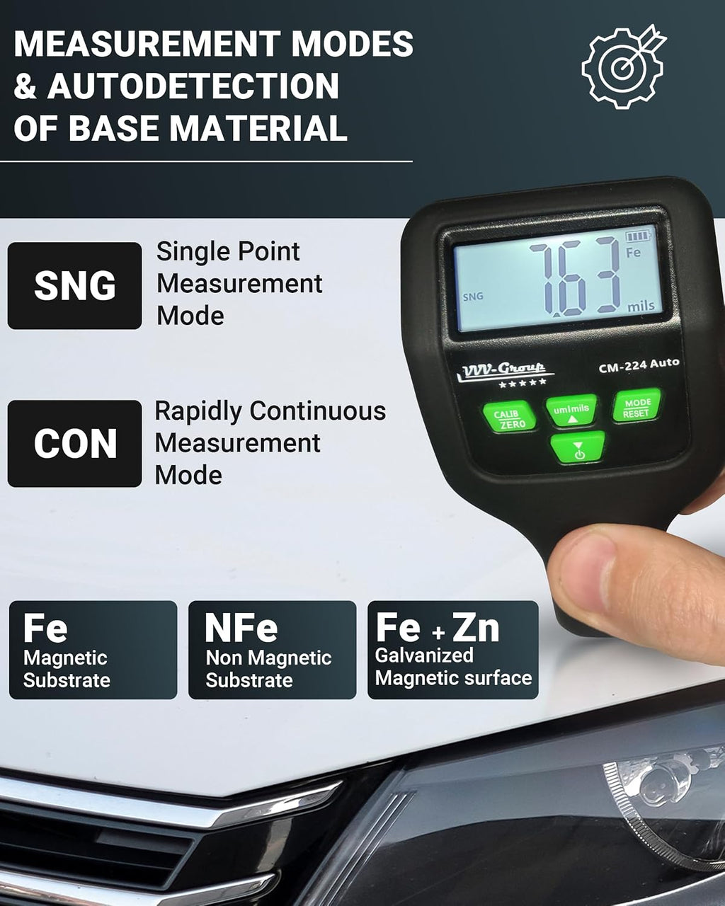 Paint Thickness Gauge CM-224 Auto – Digital Coating Thickness Meter for Cars and Automotive Inspection, Fe / Al / Fe+Zn Detection, 0.1 μm Resolution
